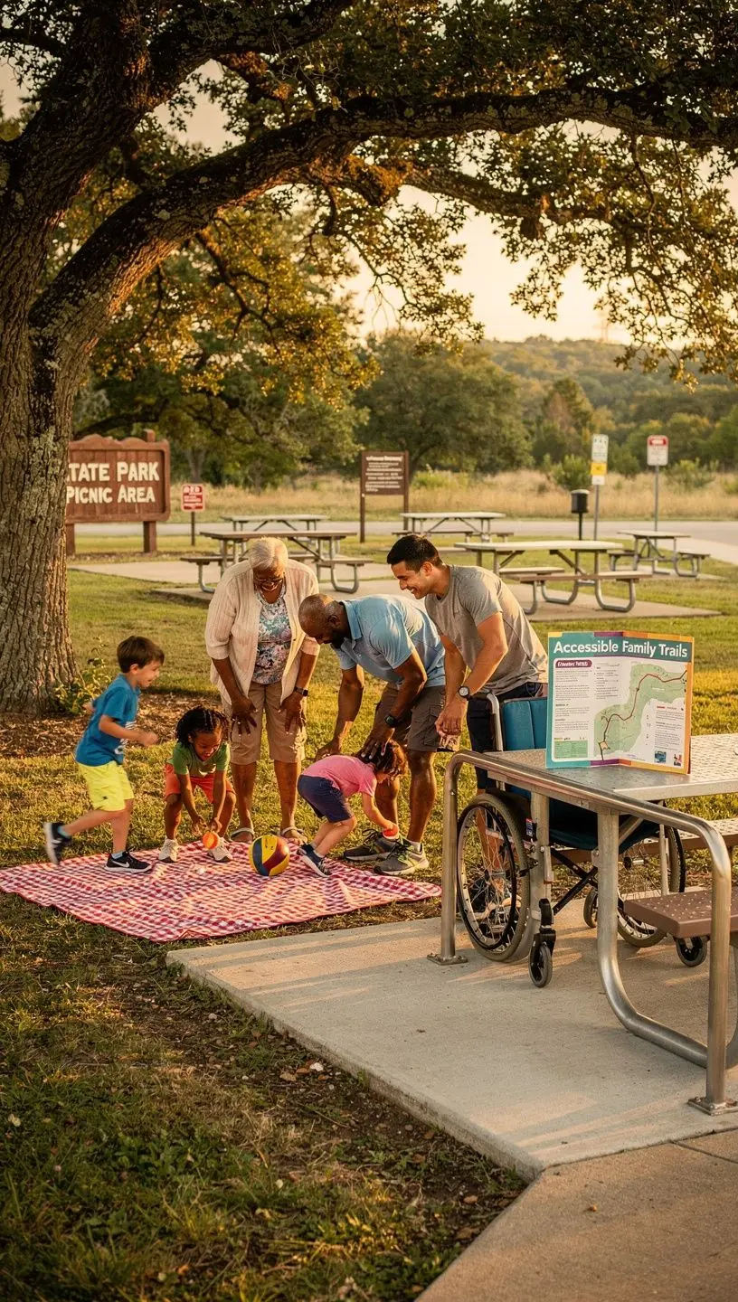 Wózek inwalidzki obok rodziny na ścieżce turystycznej.