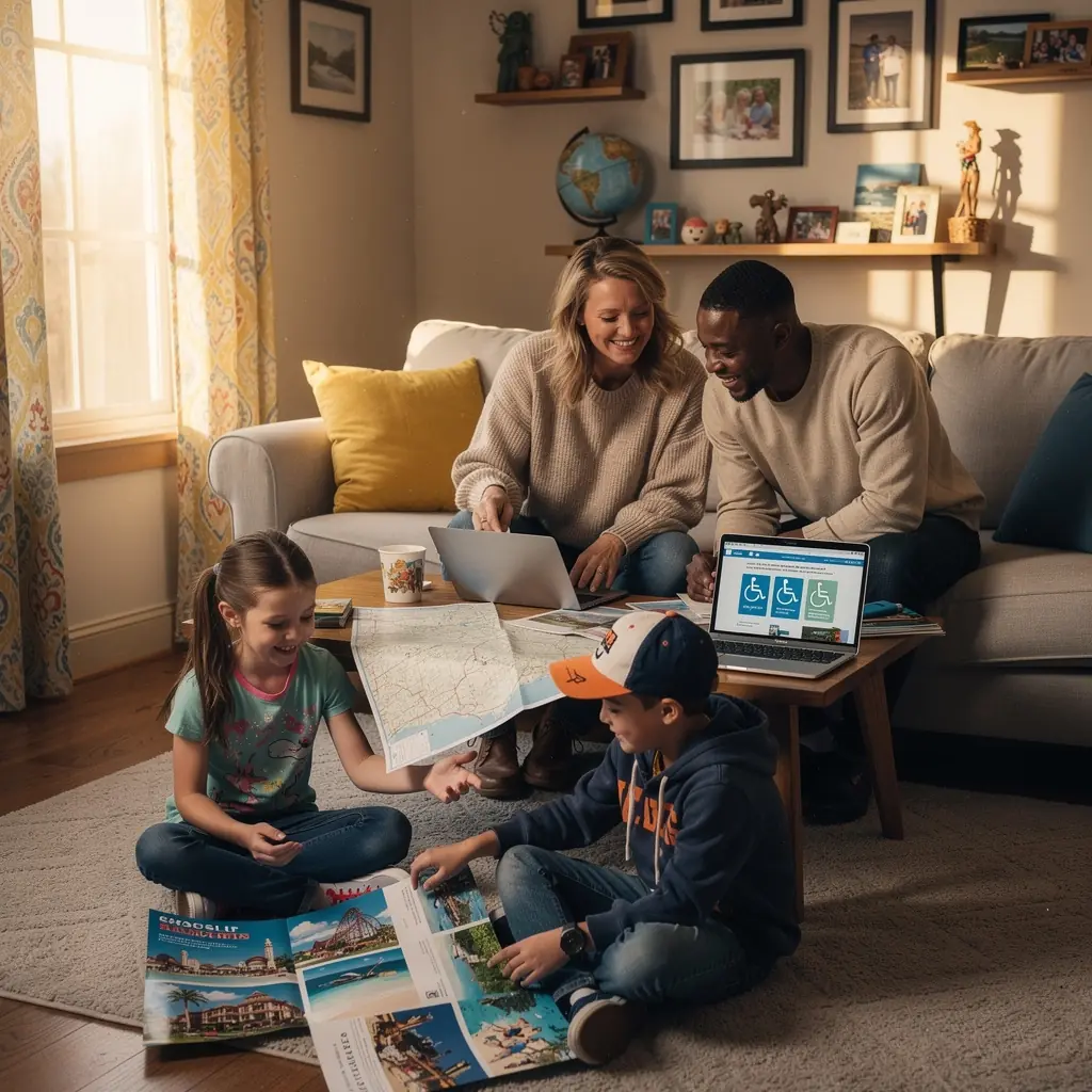 Rodzina rozmawiająca z pracownikiem biura podróży.