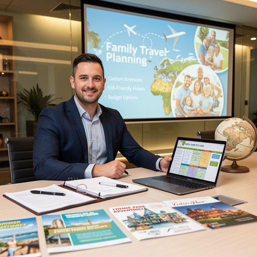 Rodzina z małym dzieckiem na wózku przy wejściu do parku.